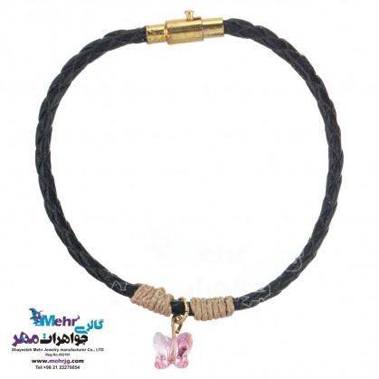 دستبند طلا و چرم - سنگ سواروسکی پروانه-MB0865